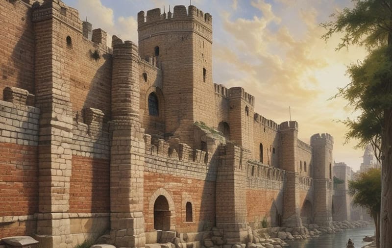 A digital illustration of the Theodosian Walls of Constantinople, showing a massive stone and brick fortification with defensive towers and a water-filled moat at sunset.