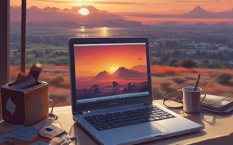 laptop with sunset view