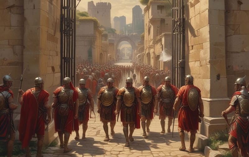 roman army walking throughgate
